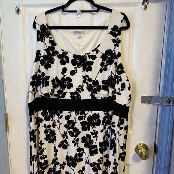 CB Established 1962 Dress Plus Sz 24 White Black Floral High Waist Midi Matured - Picture 7 of 10